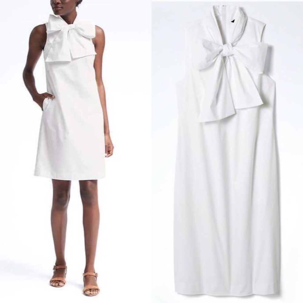 Banana Republic White Bow Tie Neck Shift Dress 8